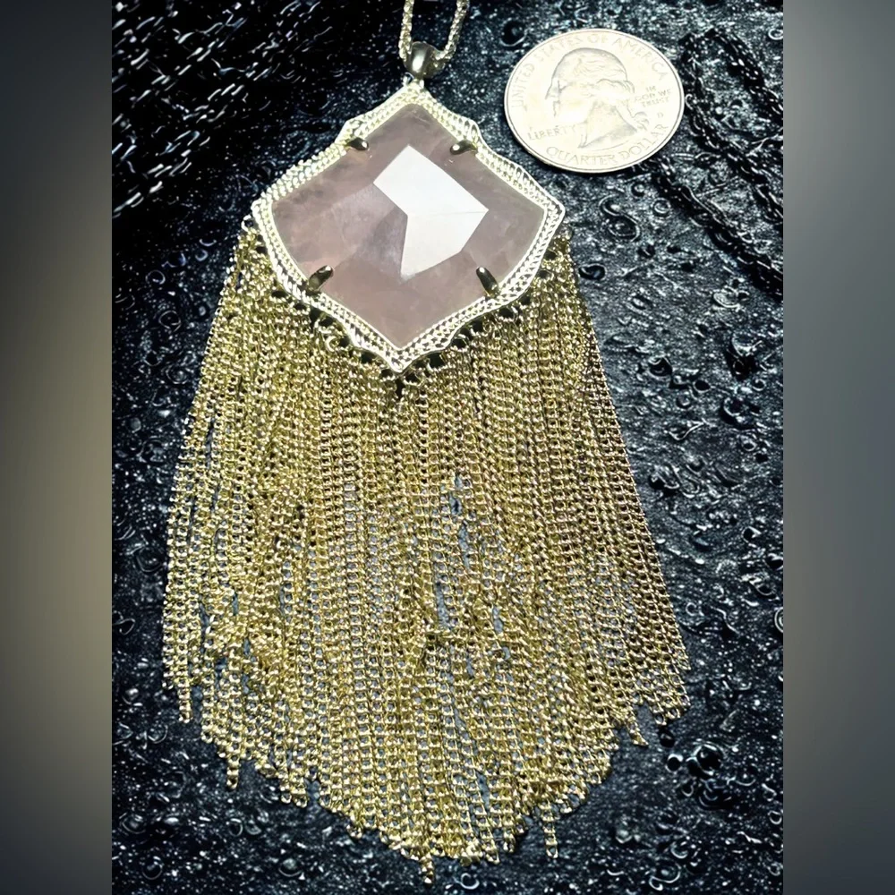 Kendra Scott Long Rose Quartz Statement Pendant Necklace NWT Gold Tone - Picture 4 of 6